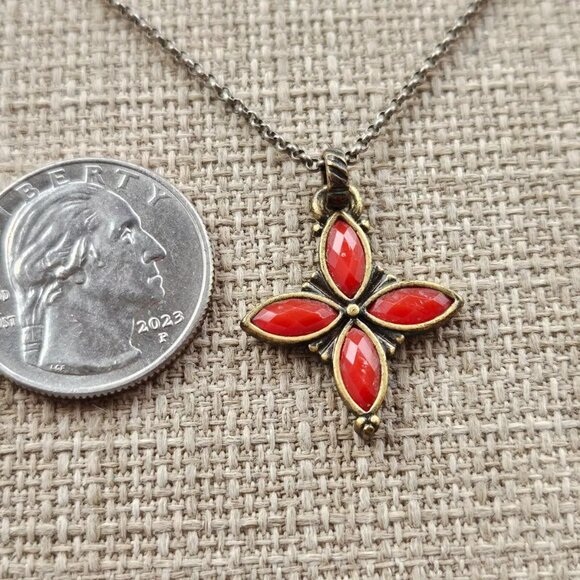 Vintage Necklace Brown Tone Chain Red Faux Stone Pendant Fashion Jewelry - Picture 9 of 10